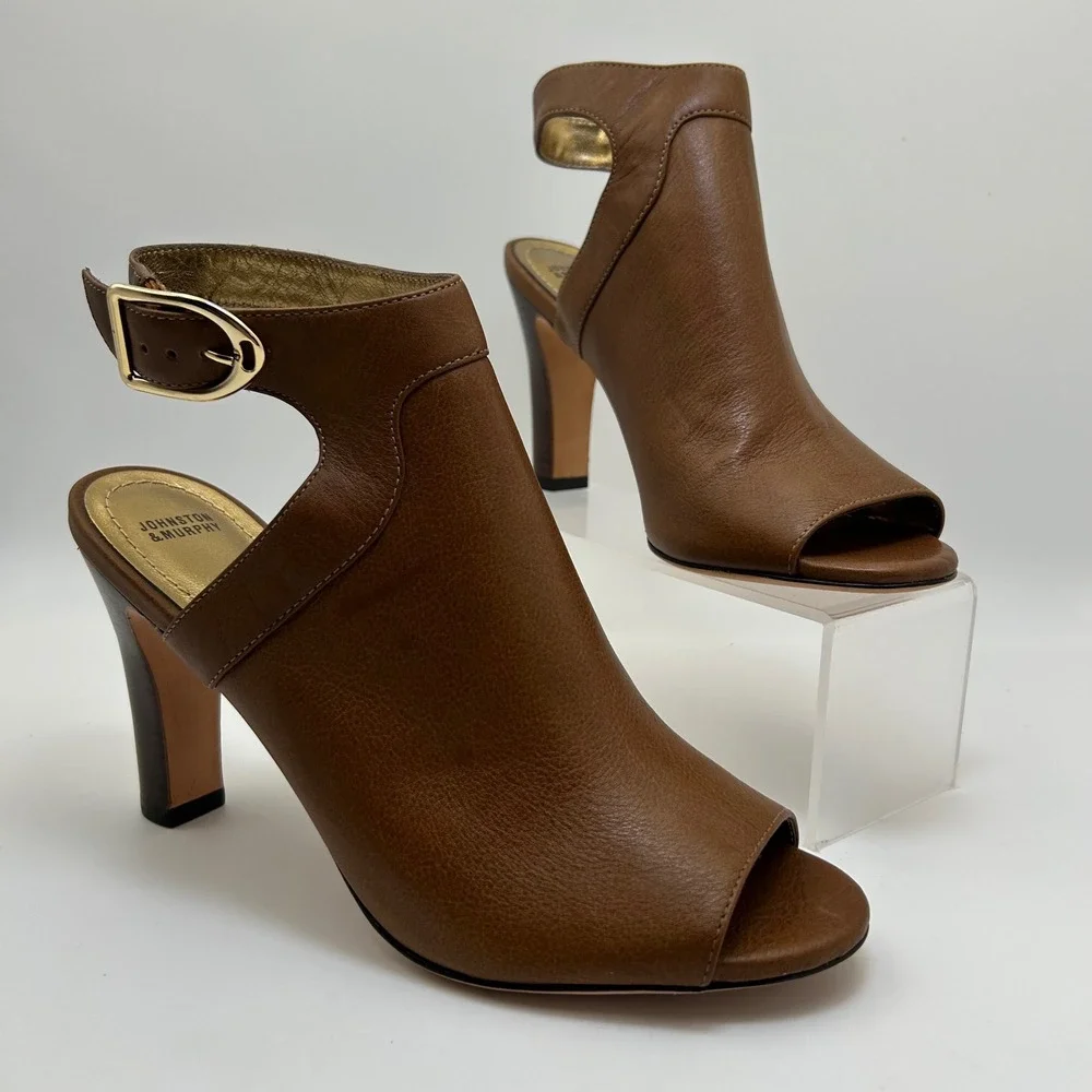New Johnston Murphy Cassie Buckle Peep Toe Heel Booties 9.5‎ Brown Leather Ankle